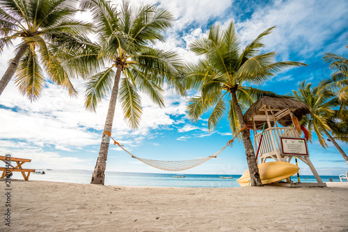 hammock between palms trees. cloudy sky, ocean © valeragf
