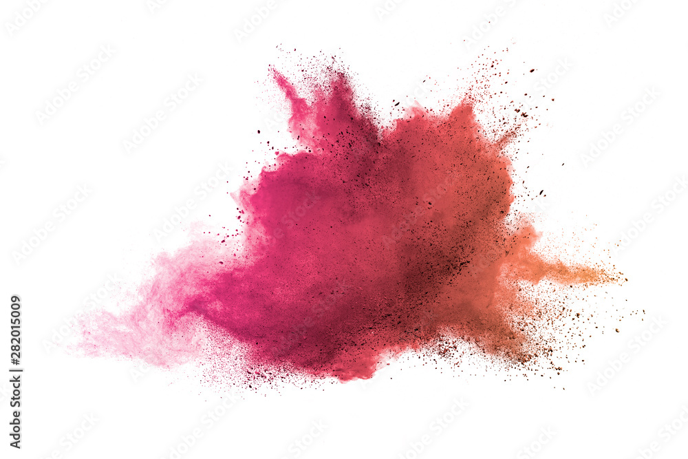 Red powder explosion on white background. Colored cloud. Colorful dust explode. Paint Holi.