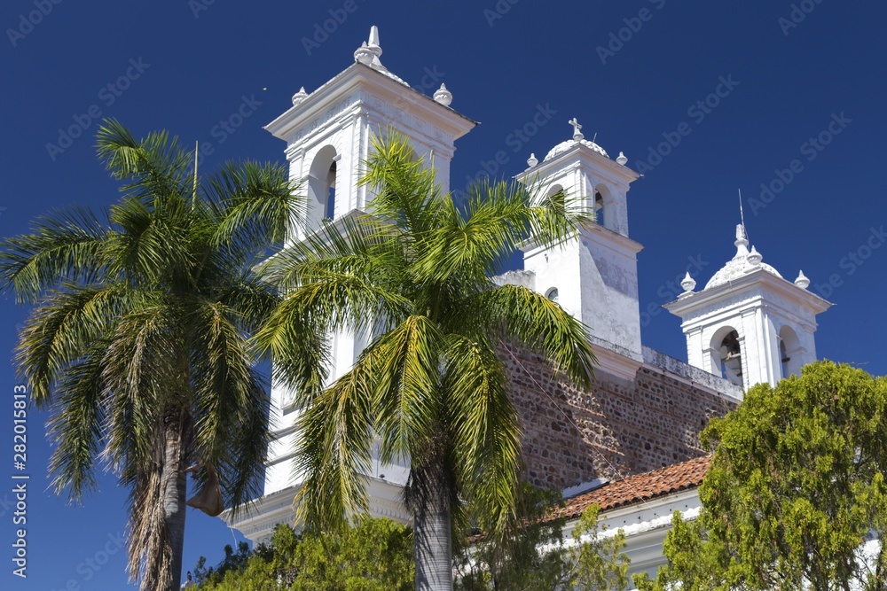 Back View of Iglesia Santa Lucia, a Colonial White Cathedral on Central Plaza in Central American Town Suchitoto, El Salvador