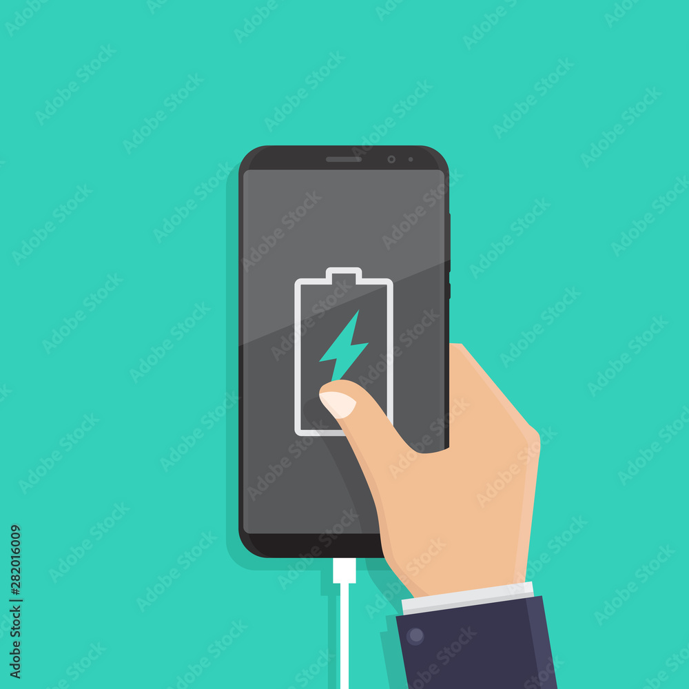 Hand holding smartphone that is being charging on turquoise blue background, charge battery notification, flat design vector illustration Hand holding smartphone that is being charging on turquoise blue background, charge battery notification, flat design vector illustration