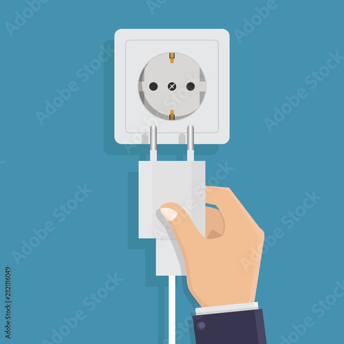 Electric socket and hand holding smartphone charger on blue background, flat design vector illustration