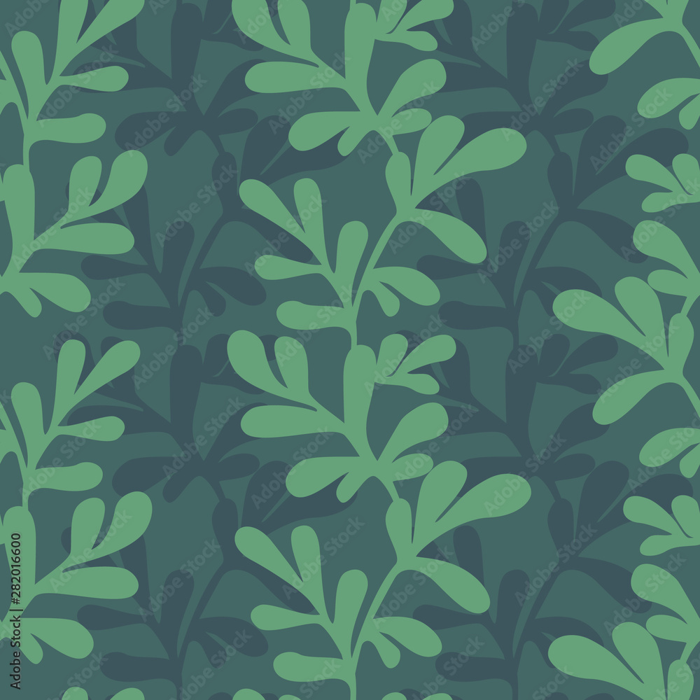 Green, blue, and navy vertical creeping vine seamless pattern. You can enjoy this foliage inspired pattern on packaging, textiles, backgrounds, and more.