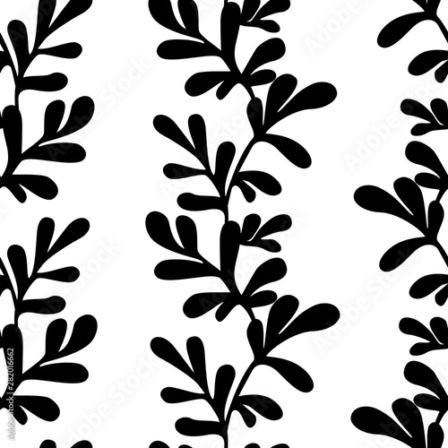 Black and white vertical creeping vine seamless pattern. You can enjoy this foliage inspired pattern on packaging, textiles, backgrounds, and more.