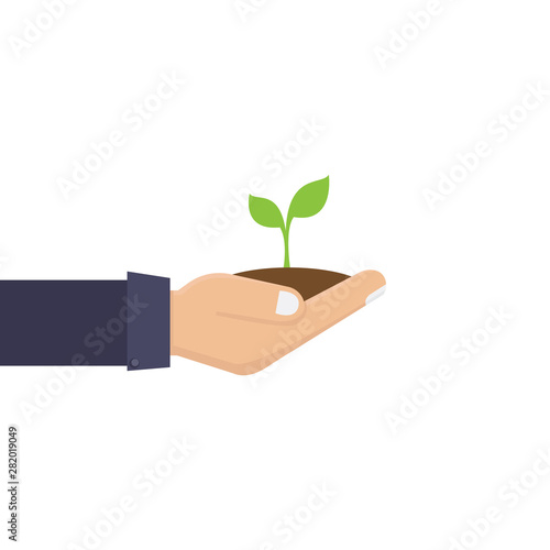 Green environment concept, hand and plant seed, flat design vector illustration