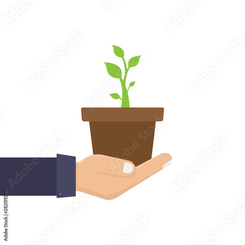 Green environment concept, hand, plant, pot, flat design vector illustration