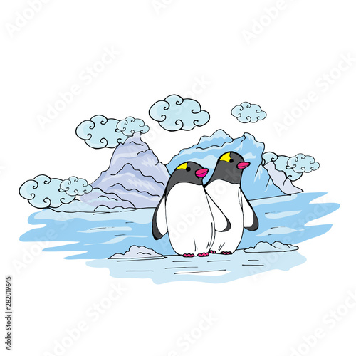 Doodle penguins on an ice floe near ice and clouds