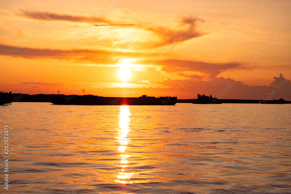 Sunset on the Amur river embankment in Khabarovsk, Russia.