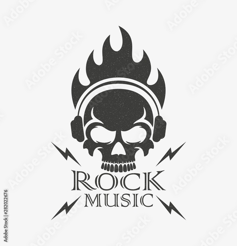 Skull in headphones with a grunge texture. Illustration on the theme of rock music