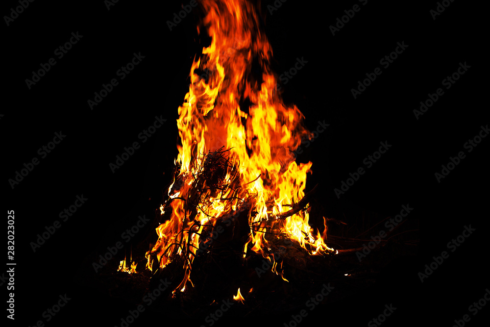 night bonfire,orange flame, fire on a black background 