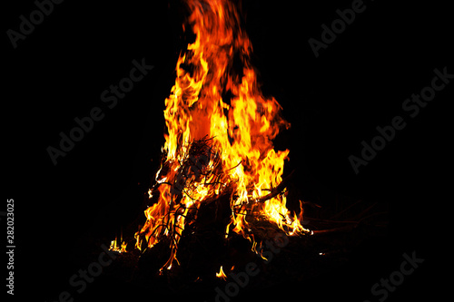 night bonfire orange flame  fire on a black background 