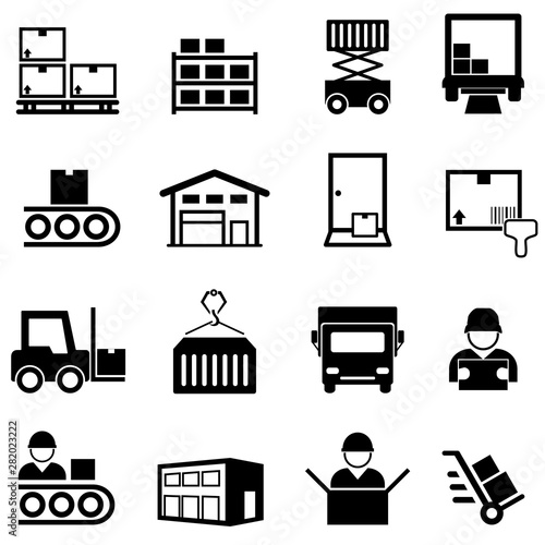 Logistics, warehouse, distribution center, delivery and shipping line icon set