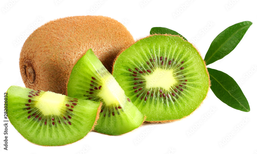 Fototapeta premium kiwi fruit with slices and green leaves isolated on a white background