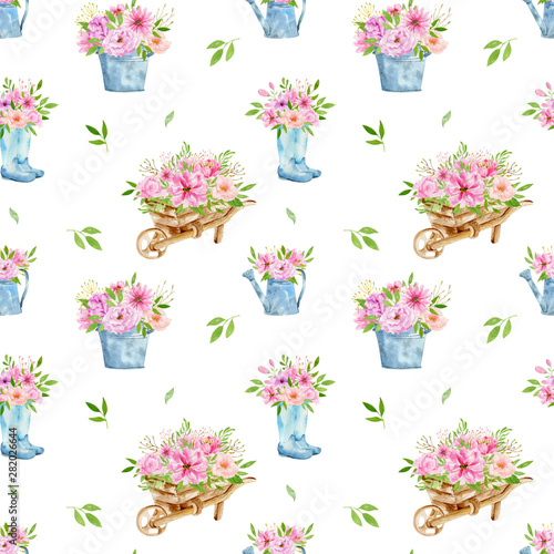 Watercolor seamless pattern with flowers, galoshes, wheelbarrow bohemian watercolour decoration pattern. Design for invitation, wedding or greeting cards