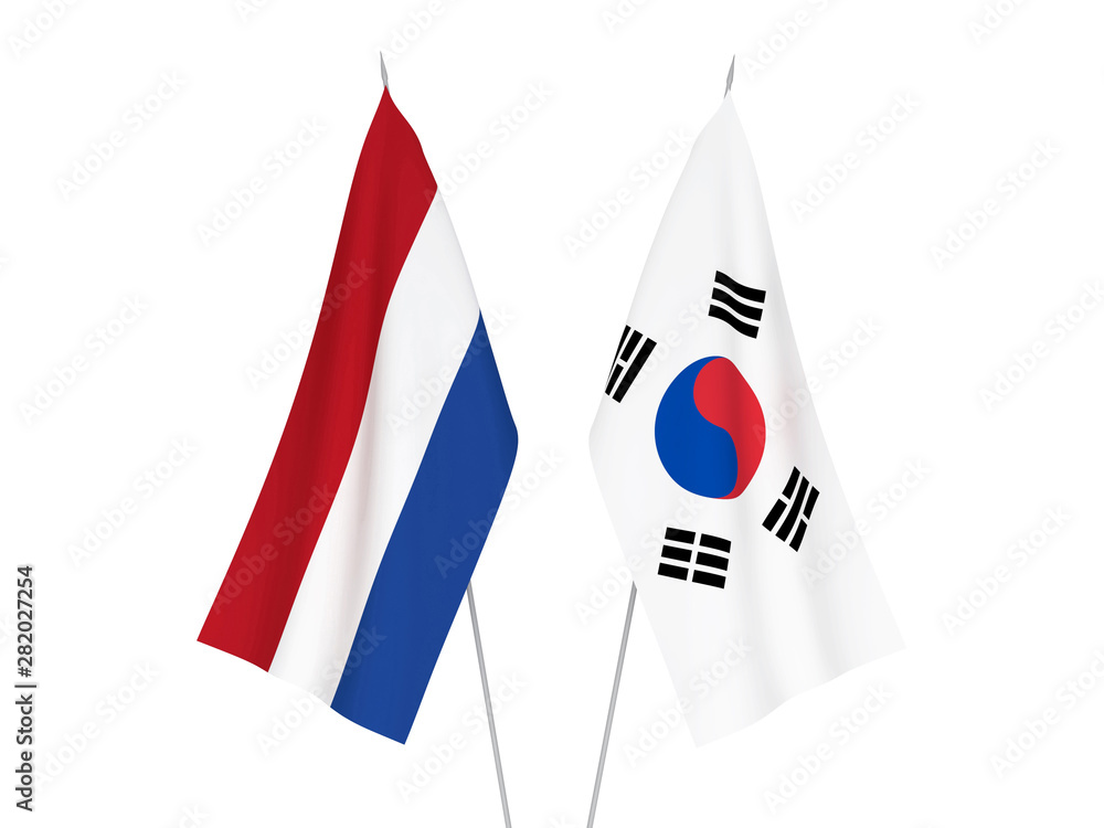 National fabric flags of South Korea and Netherlands isolated on white background. 3d rendering illustration. National fabric flags of South Korea and Netherlands isolated on white background. 3d rendering illustration.