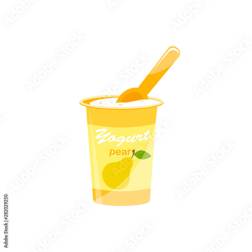 Packing yogurt with a teaspoon. Pear flavor yogurt. Vector illustration.