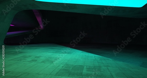 Abstract architectural concrete smooth interior of a minimalist house with color gradient neon lighting. 3D illustration and rendering.