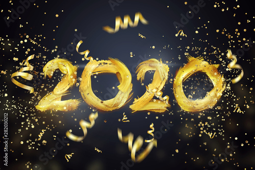 Creative background, numbers 2020 consisting of brush strokes of gold paint on a close background. Happy new year, year of the rat