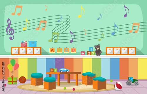 Kindergarten Classroom Interior Children Kids School Toys Furniture Vector Illustration