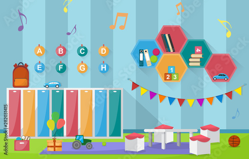 Kindergarten Classroom Interior Children Kids School Toys Furniture Vector Illustration