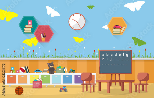 Kindergarten Classroom Interior Children Kids School Toys Furniture Vector Illustration