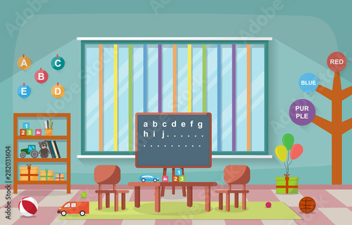 Kindergarten Classroom Interior Children Kids School Toys Furniture Vector Illustration