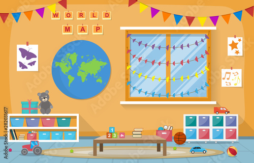 Kindergarten Classroom Interior Children Kids School Toys Furniture Vector Illustration