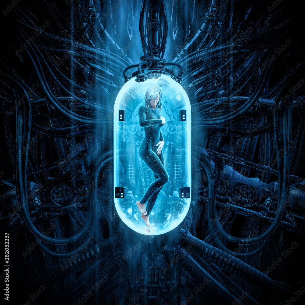The woman clone pod / 3D illustration of science fiction scene showing human female figure in