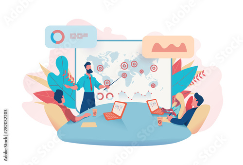 Business man holds meeting sales analytics table