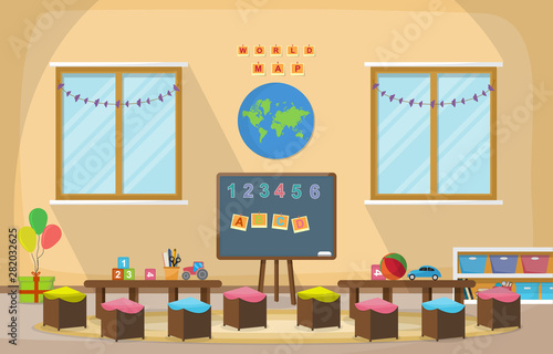 Kindergarten Classroom Interior Children Kids School Toys Furniture Vector Illustration