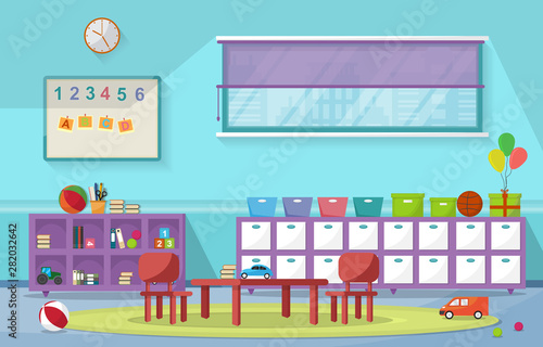 Kindergarten Classroom Interior Children Kids School Toys Furniture Vector Illustration