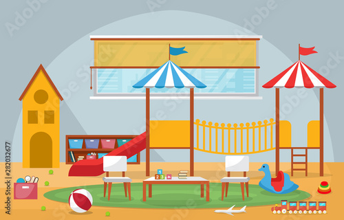 Kindergarten Classroom Interior Children Kids School Toys Furniture Vector Illustration