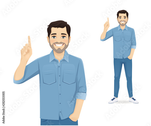 Handsome man in casual clothes pointing up isolated vector illustration