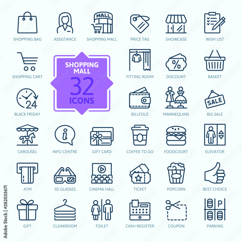Market Shopping mall - minimal thin line web icon set. Outline icons collection. Simple vector illustration.