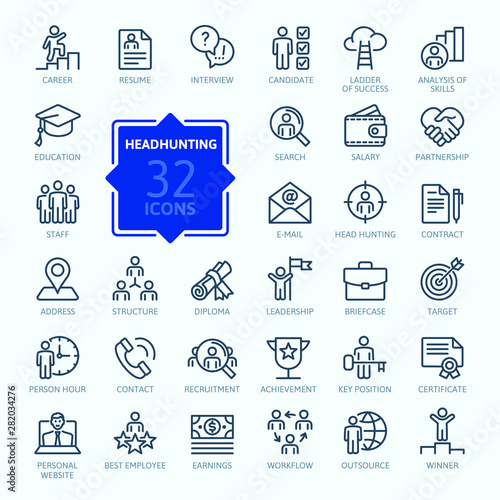 Headhunting And Recruiting minimal thin line web icon set. Included the icons as Job Interview, Career Path, Resume and more. Outline icons collection. Simple vector illustration.