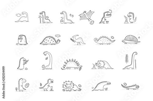 Funny dinosaurs collection, childish style. Coloring page for your design