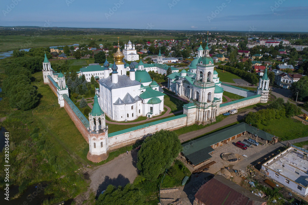 View of the old Spaso-Yakovlevsky Dmitrovsky Monastery on a sunny July day (aerial photography). Rostov the Great, Golden Ring of Russia