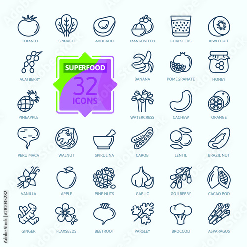 Super food - thin line icon set of fruits, vegetables, berries, nuts, roots and seeds. Outline icons collection of healthy detox natural products, organic food ingredients for health and diet. 