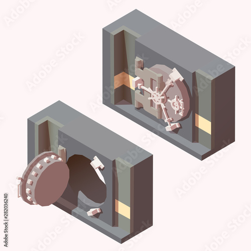 Opened and closed vault doors in bank repository. Finance security concept. Vector isometric illustration