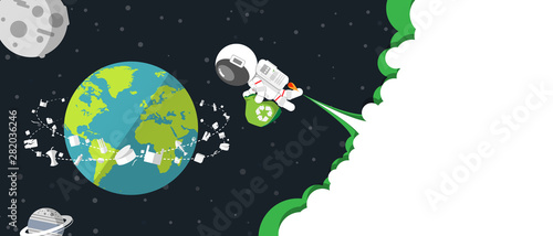 Flat design, Astronaut holds recycle bag go into cleaning Earth among of garbage in Environmental conservation Concept, Vector illustration, Infographic Element