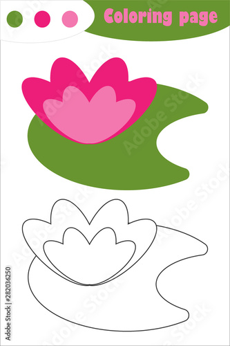 Water lily in cartoon style, coloring page, spring education paper game for the development of children, kids preschool activity, printable worksheet, vector illustration