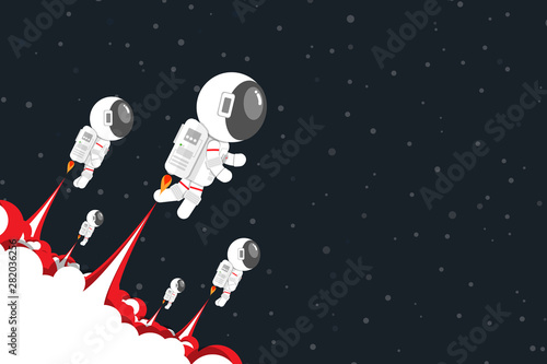 Flat design, Astronauts team launch jet engine with red smoke Go out into space, Vector illustration, Infographic Element