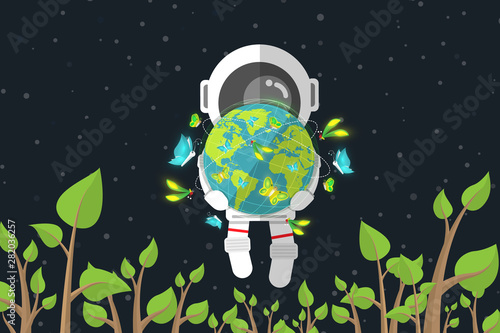 Flat design, Astronaut holds Earth with butterfly while floating among of plant in space, Environmental conservation Concept, Vector illustration, Infographic Element