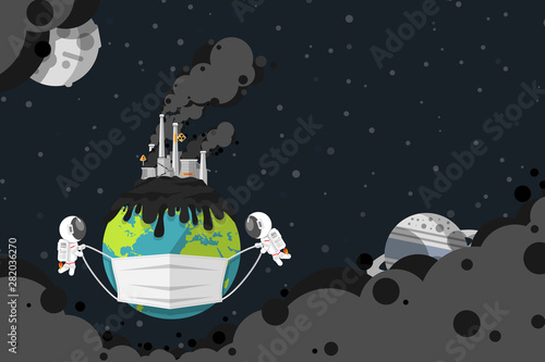 Flat design, Earth with industrial factory smoke stack of coal power plant, Astronauts help wear dust masks for Earth, greenhouse effect and Global warming, Vector illustration, Infographic Element