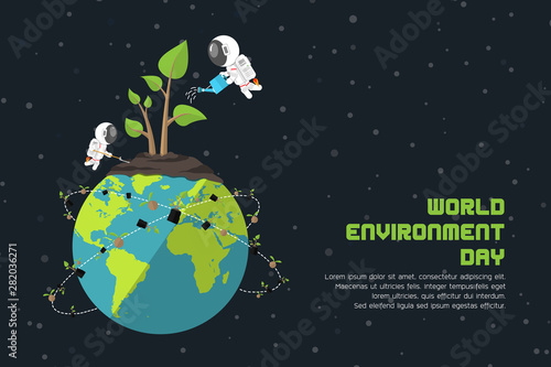 Flat design, Green plant on Earth grow plants by Astronauts , World Environment Day, greenhouse effect and Global warming, Vector illustration, Infographic Element