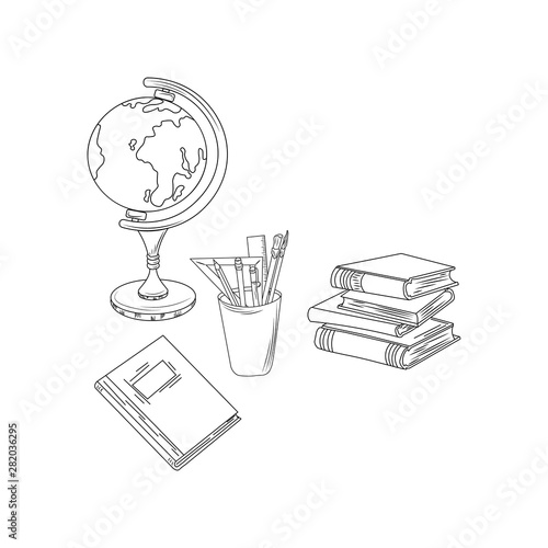 Theme illustration back to school. The picture is made in black and white. School supplies: notebook, books, globe, pencil, pen, brushes, ruler. Vector illustration done in style Hand-Drawn. 