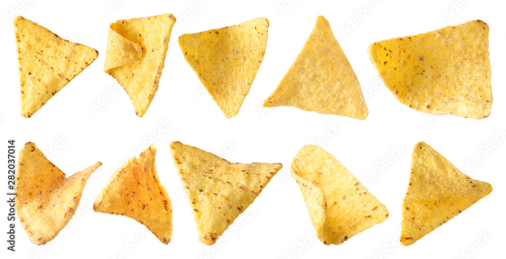 Set of delicious Mexican nachos chips on white background, top view Set of delicious Mexican nachos chips on white background, top view