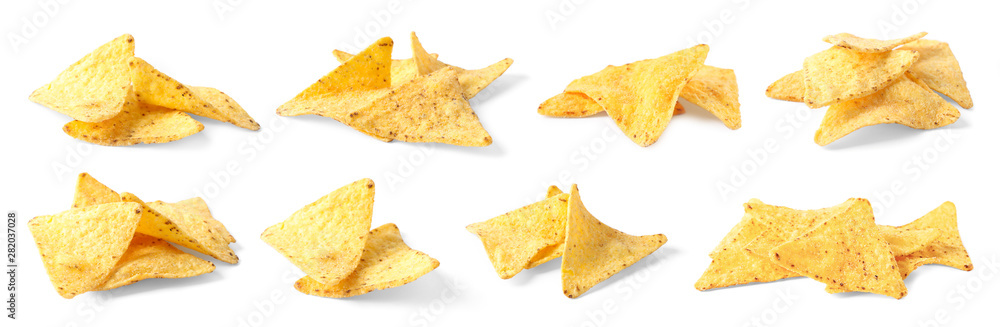 Set of delicious Mexican nachos chips on white background. Banner design Set of delicious Mexican nachos chips on white background. Banner design