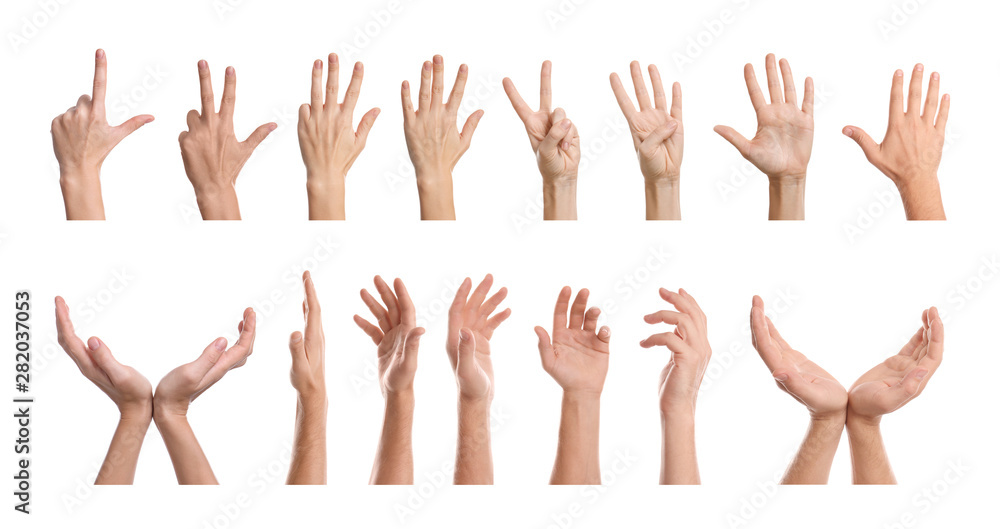Set of people showing different gestures on white background, closeup view of hands Set of people showing different gestures on white background, closeup view of hands