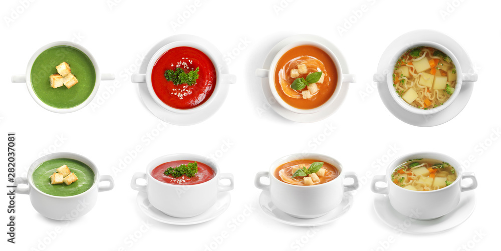 Fresh vegetable detox soup with croutons in dish on white background - obrazy, fototapety, plakaty 