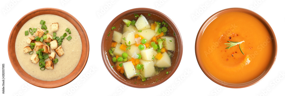 Set of different fresh homemade soups on white background, top view Set of different fresh homemade soups on white background, top view